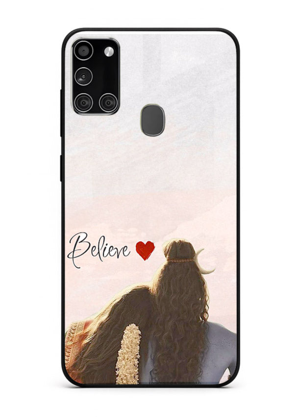 Shiva Parvati silhouette artwork mobile glass back cover for Samsung A21s