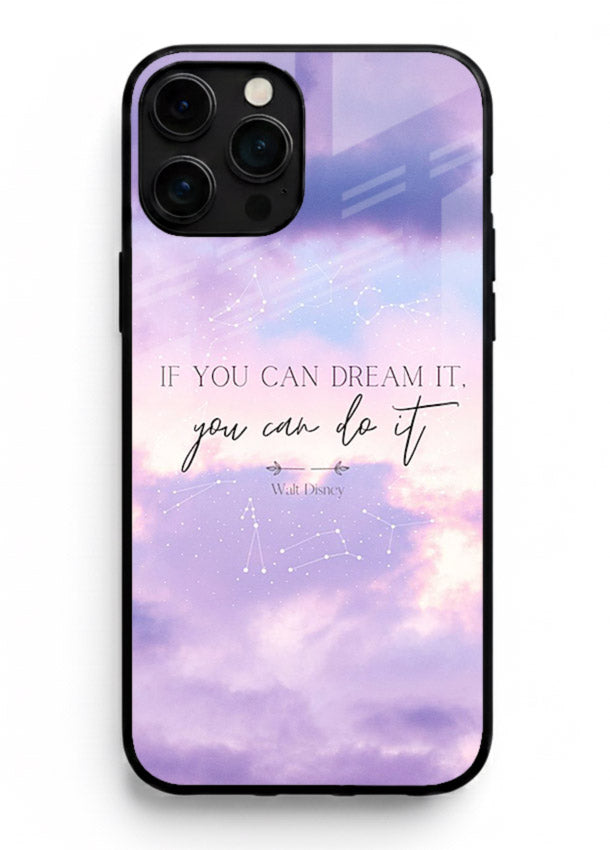 Violet sky motivational quote printed on iphone 14 pro max glass back cover with smooth tones.