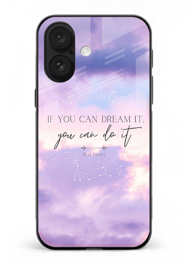 Violet sky motivational quote printed on iphone 16 glass back cover with smooth tones.