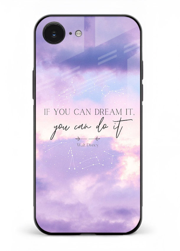 Violet sky motivational quote printed on iphone 16e glass back cover with smooth tones.