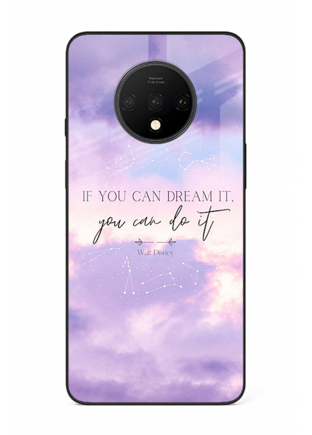 Violet sky motivational quote printed on OnePlus 7T glass back cover with smooth tones.