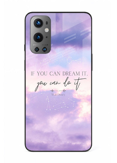 Violet sky motivational quote printed on OnePlus 9 glass back cover with smooth tones.