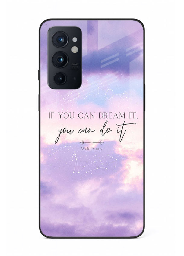 Violet sky motivational quote printed on OnePlus 9RT glass back cover with smooth tones.