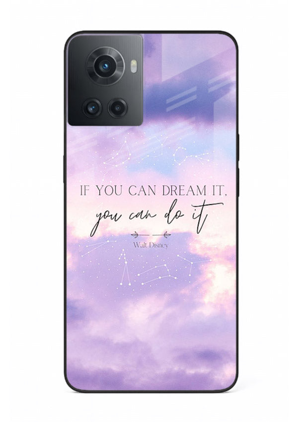 Violet sky motivational quote printed on OnePlus 10R glass back cover with smooth tones.