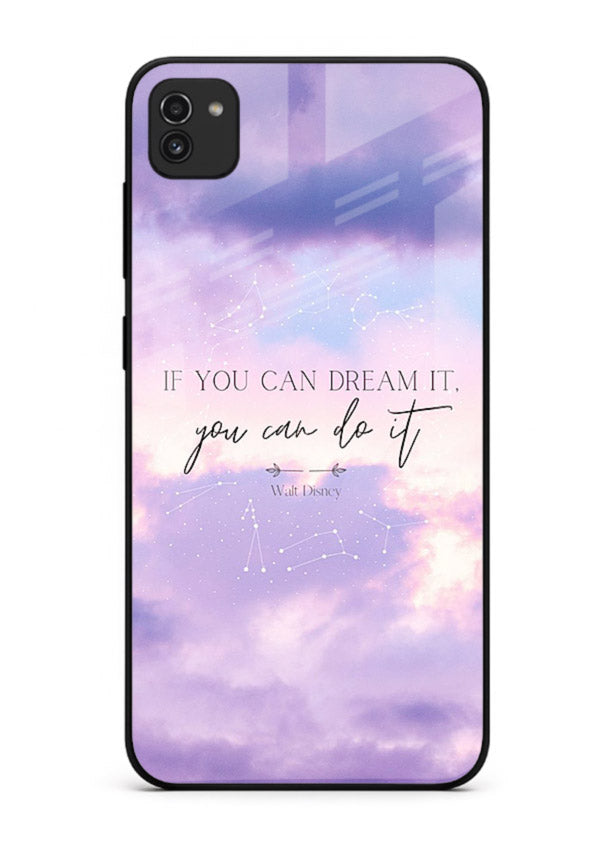Violet sky motivational quote printed on Samsung A03 glass back cover with smooth tones.
