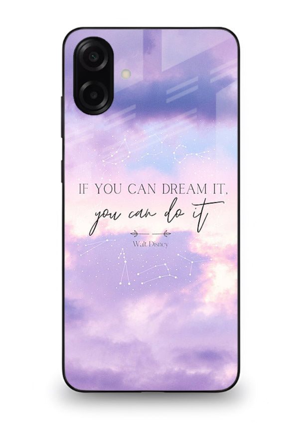 Violet sky motivational quote printed on Samsung A06 5G glass back cover with smooth tones.