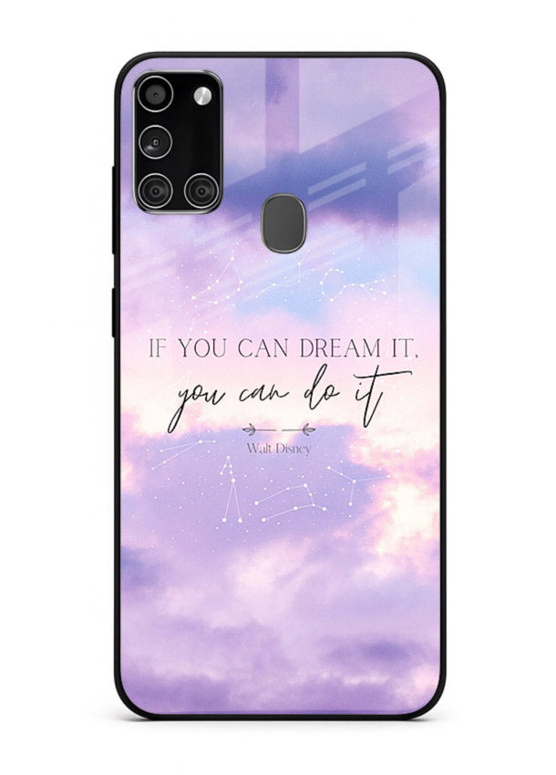 Violet sky motivational quote printed on Samsung A21s glass back cover with smooth tones.