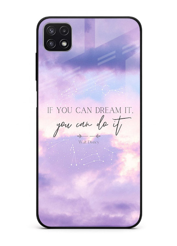 Violet sky motivational quote printed on Samsung A22 5G glass back cover with smooth tones.