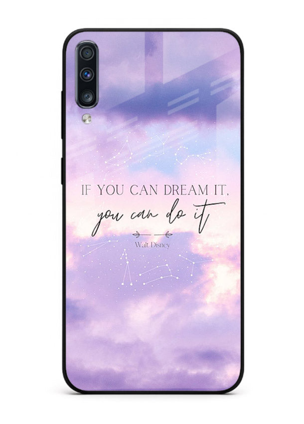 Violet sky motivational quote printed on Samsung A50 glass back cover with smooth tones.