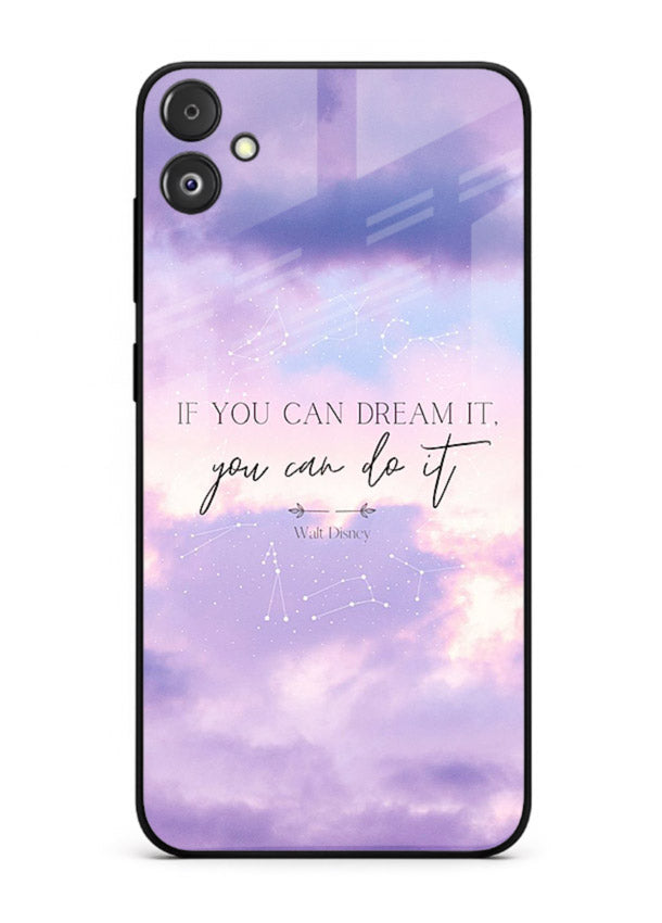Violet sky motivational quote printed on Samsung F14 5G glass back cover with smooth tones.