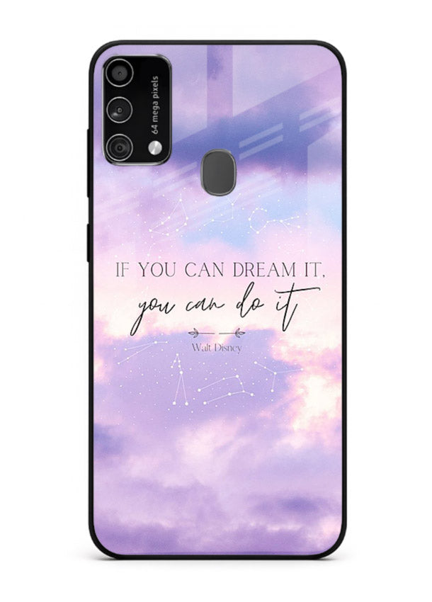 Violet sky motivational quote printed on Samsung F41 glass back cover with smooth tones.