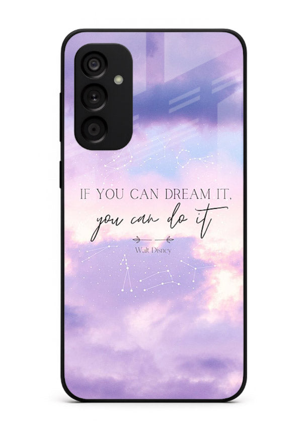 Violet sky motivational quote printed on Samsung A34 5G glass back cover with smooth tones.