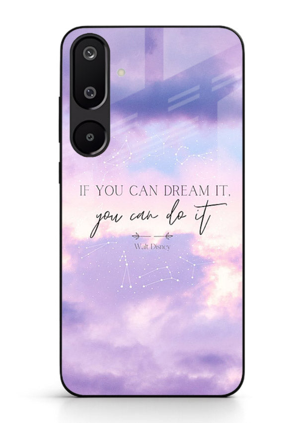 Violet sky motivational quote printed on Samsung F16 5G glass back cover with smooth tones.