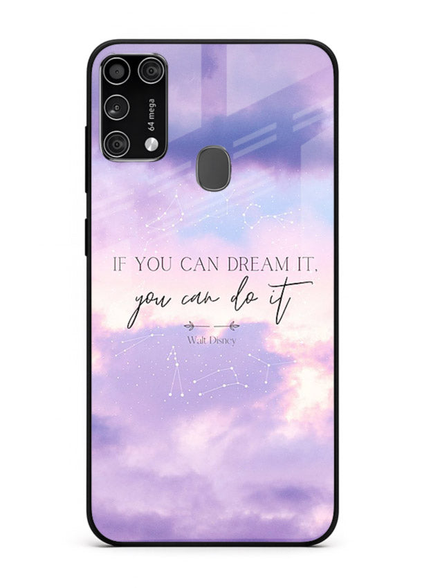 Violet sky motivational quote printed on Samsung M31 Prime glass back cover with smooth tones.