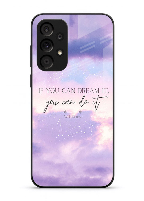 Violet sky motivational quote printed on Samsung A33 5G glass back cover with smooth tones.