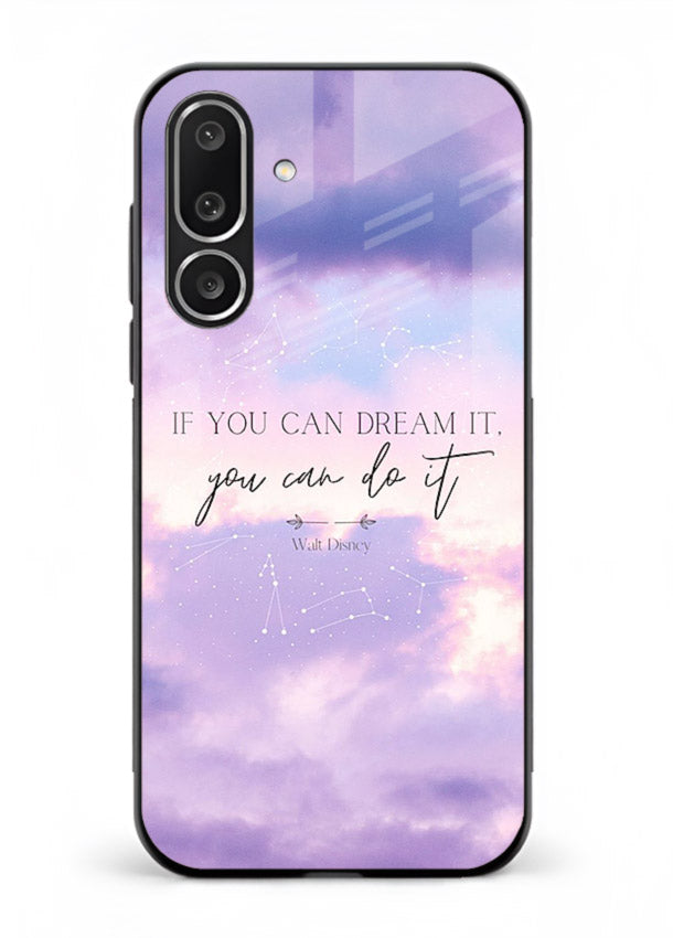 Violet sky motivational quote printed on Samsung F56 5G glass back cover with smooth tones.