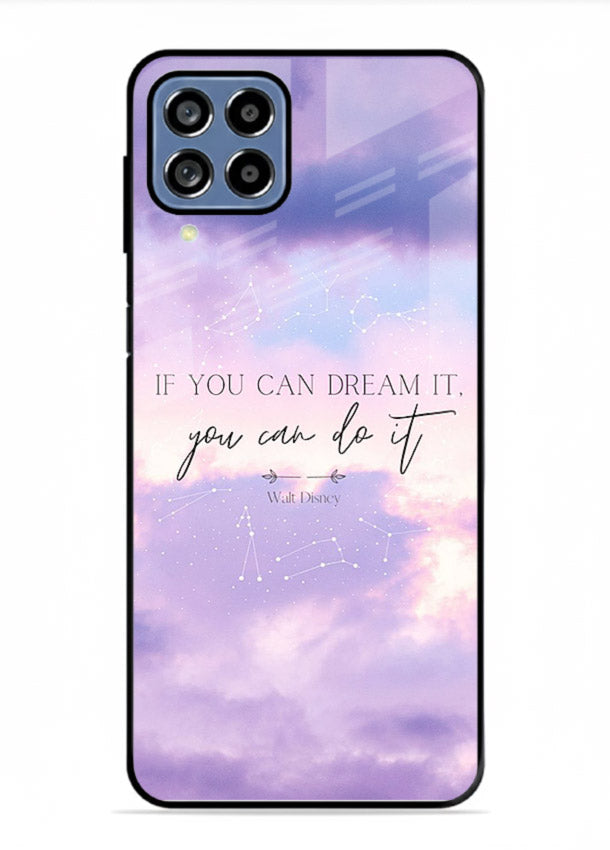 Violet sky motivational quote printed on Samsung M33 5G glass back cover with smooth tones.