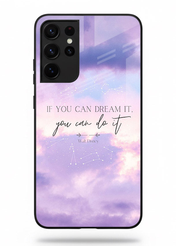 Violet sky motivational quote printed on Samsung S21 Ultra glass back cover with smooth tones.