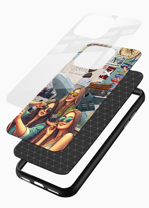 Best Friends Travel collage girls adventure glossy vibrant premium glass back cover - Angle Layers