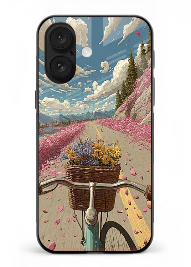 Bicycle with blossom-filled basket artwork on iphone 18 glass back cover with soft scenic floral detailing.