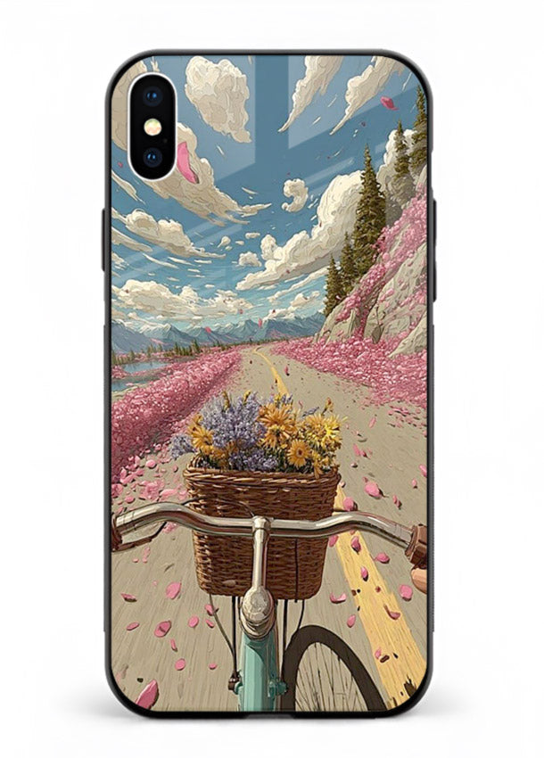 Bicycle with blossom-filled basket artwork on iphone xs max glass back cover with soft scenic floral detailing.