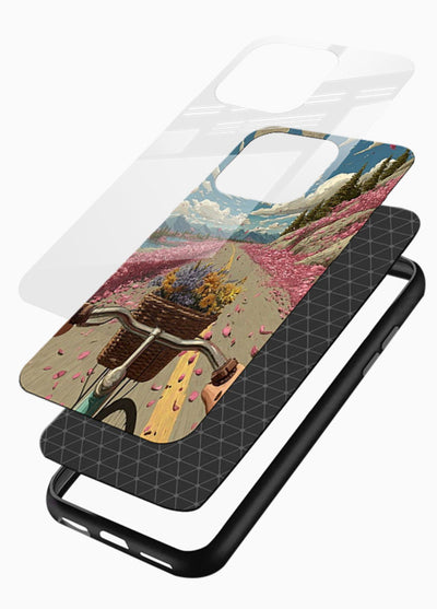 Bicycle with blossom-filled basket artwork on glossy vibrant premium glass back cover with soft scenic floral detailing. - Angle Layers