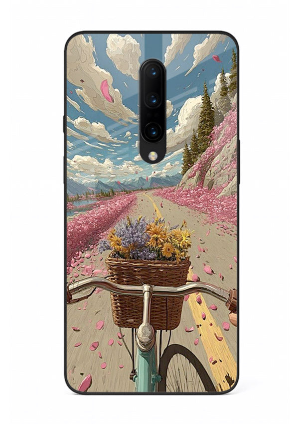 Bicycle with blossom-filled basket artwork on OnePlus 8 glass back cover with soft scenic floral detailing.
