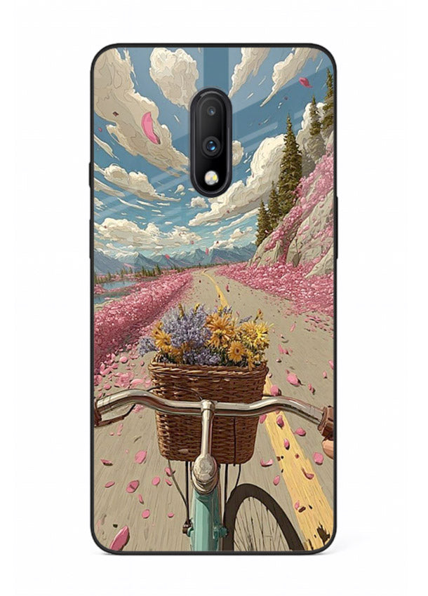 Bicycle with blossom-filled basket artwork on OnePlus 7 glass back cover with soft scenic floral detailing.