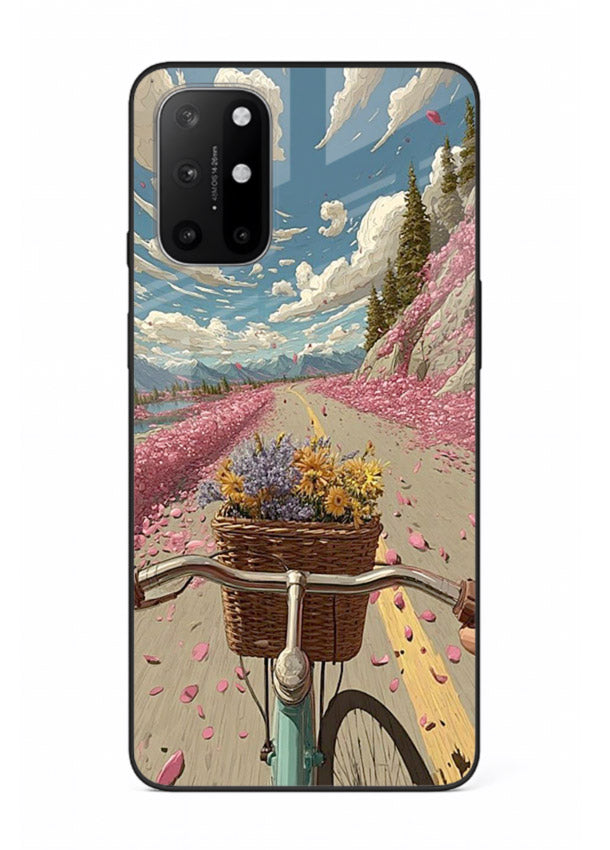 Bicycle with blossom-filled basket artwork on OnePlus 8T glass back cover with soft scenic floral detailing.