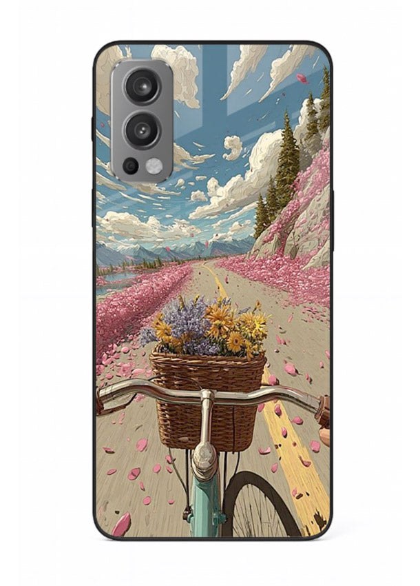 Bicycle with blossom-filled basket artwork on OnePlus Nord 2 glass back cover with soft scenic floral detailing.
