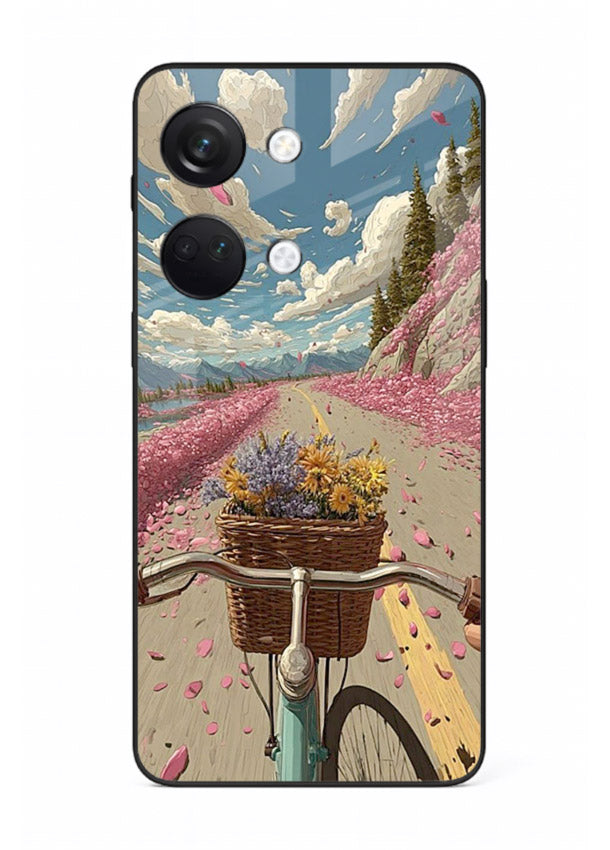 Bicycle with blossom-filled basket artwork on OnePlus Nord 3 glass back cover with soft scenic floral detailing.