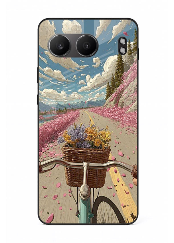 Bicycle with blossom-filled basket artwork on OnePlus Nord 4 glass back cover with soft scenic floral detailing.