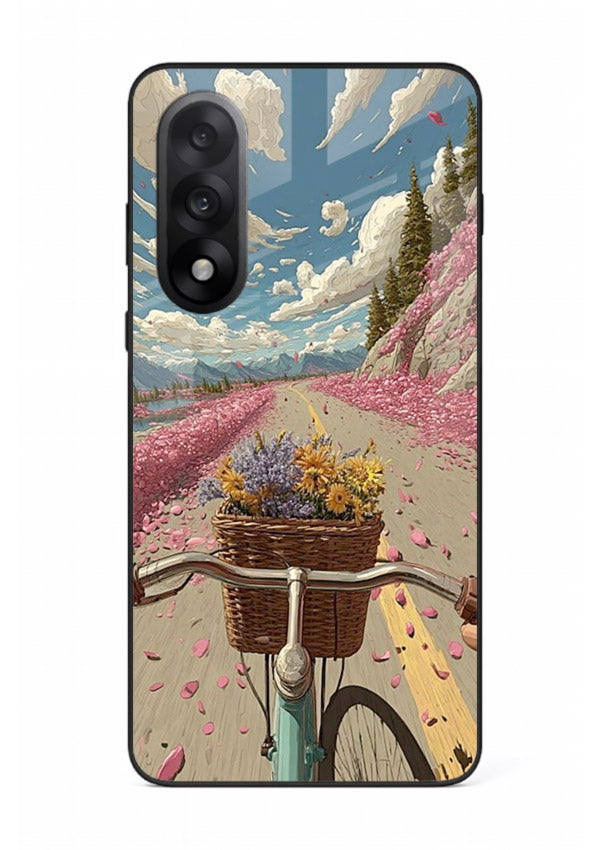 Bicycle with blossom-filled basket artwork on OnePlus Nord 5 glass back cover with soft scenic floral detailing.