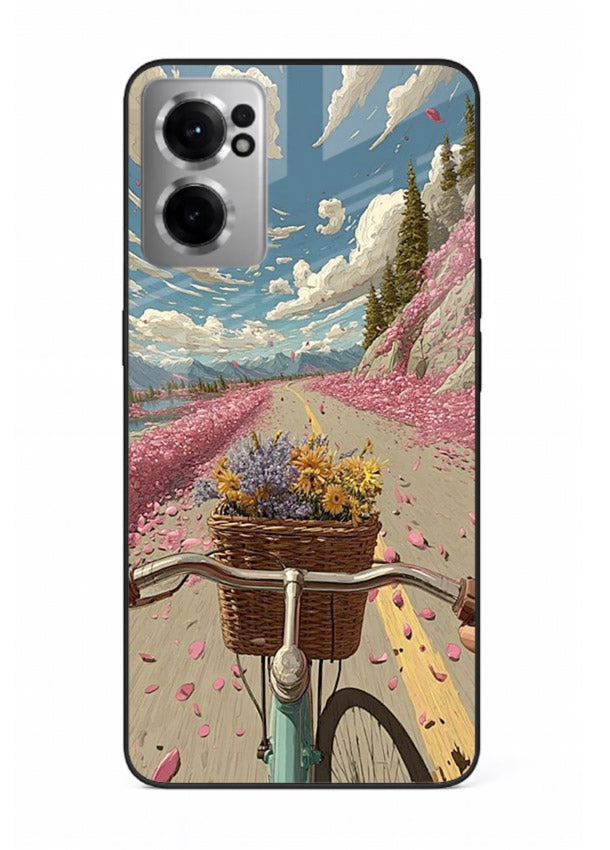 Bicycle with blossom-filled basket artwork on OnePlus Nord CE2 5G glass back cover with soft scenic floral detailing.