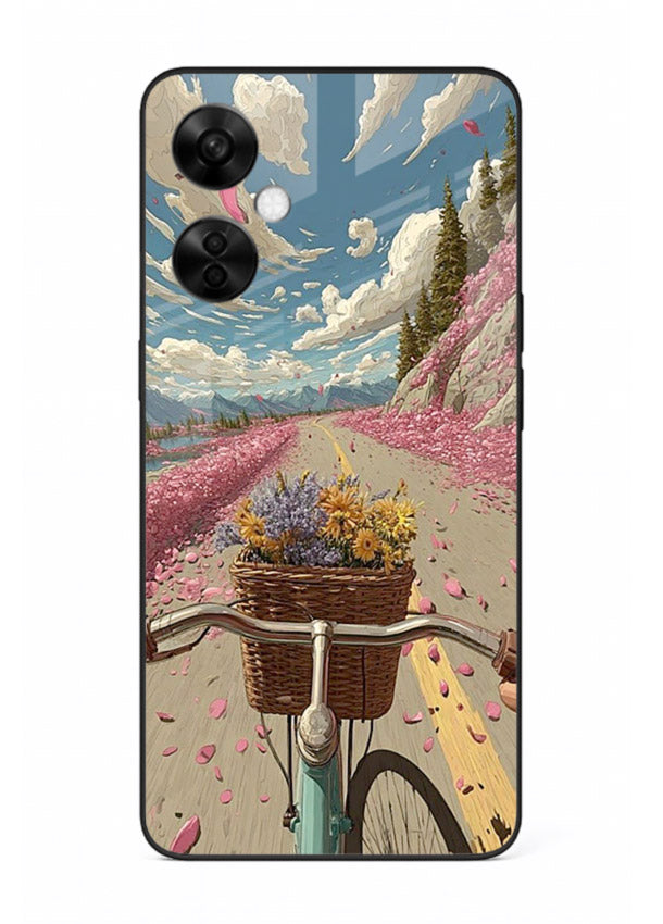 Bicycle with blossom-filled basket artwork on OnePlus Nord CE3 Lite glass back cover with soft scenic floral detailing.