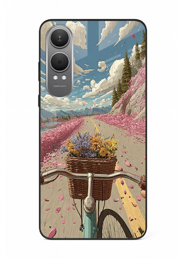 Bicycle with blossom-filled basket artwork on OnePlus Nord CE4 Lite glass back cover with soft scenic floral detailing.