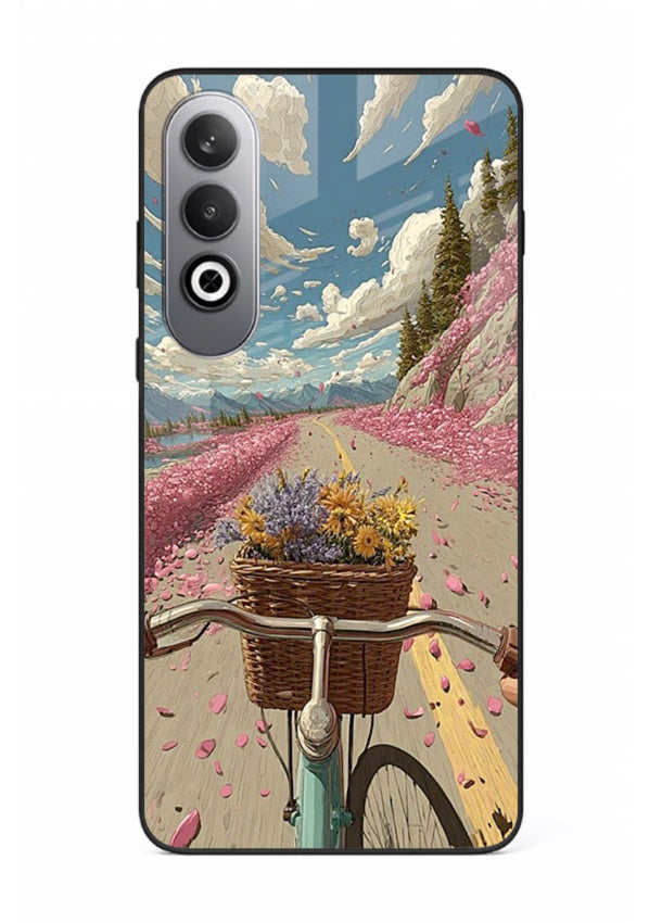 Bicycle with blossom-filled basket artwork on OnePlus Nord CE4 glass back cover with soft scenic floral detailing.