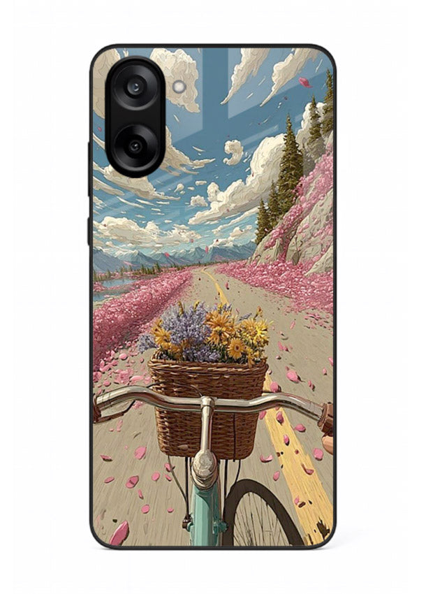 Bicycle with blossom-filled basket artwork on OnePlus Nord CE5 glass back cover with soft scenic floral detailing.