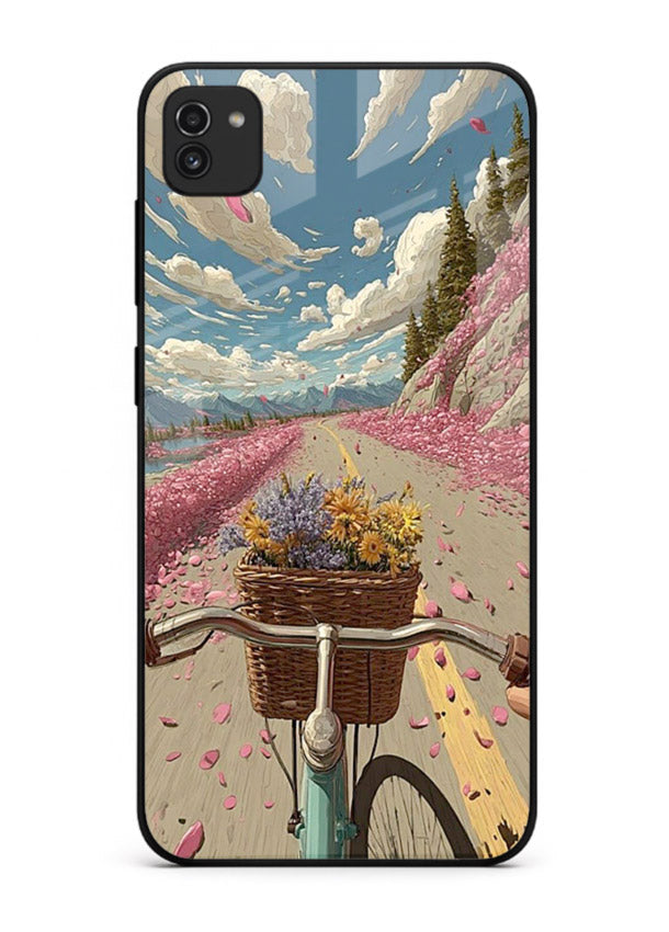 Bicycle with blossom-filled basket artwork on Samsung A03 glass back cover with soft scenic floral detailing.