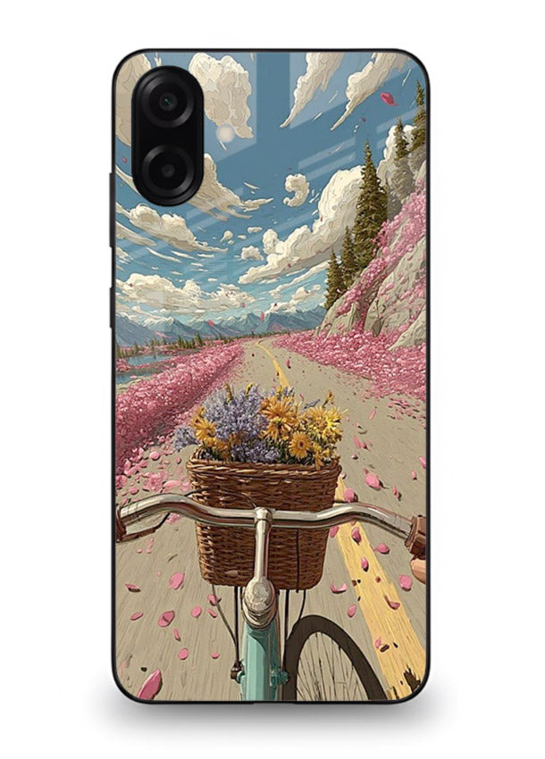 Bicycle with blossom-filled basket artwork on Samsung M13 5G glass back cover with soft scenic floral detailing.