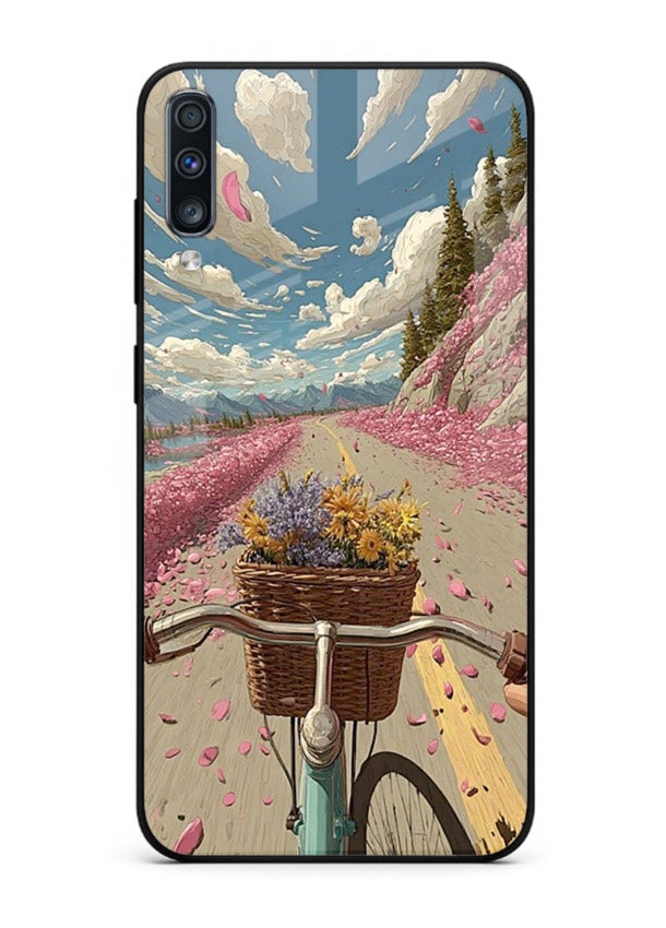 Bicycle with blossom-filled basket artwork on Samsung A70 glass back cover with soft scenic floral detailing.