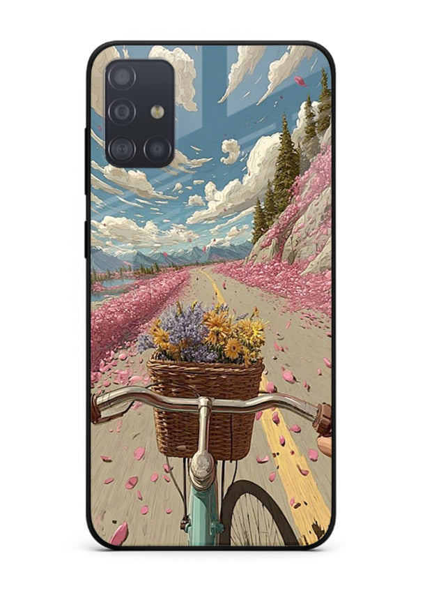 Bicycle with blossom-filled basket artwork on Samsung A71 glass back cover with soft scenic floral detailing.