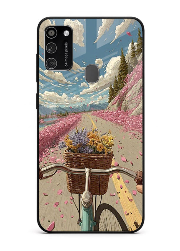 Bicycle with blossom-filled basket artwork on Samsung M21 glass back cover with soft scenic floral detailing.