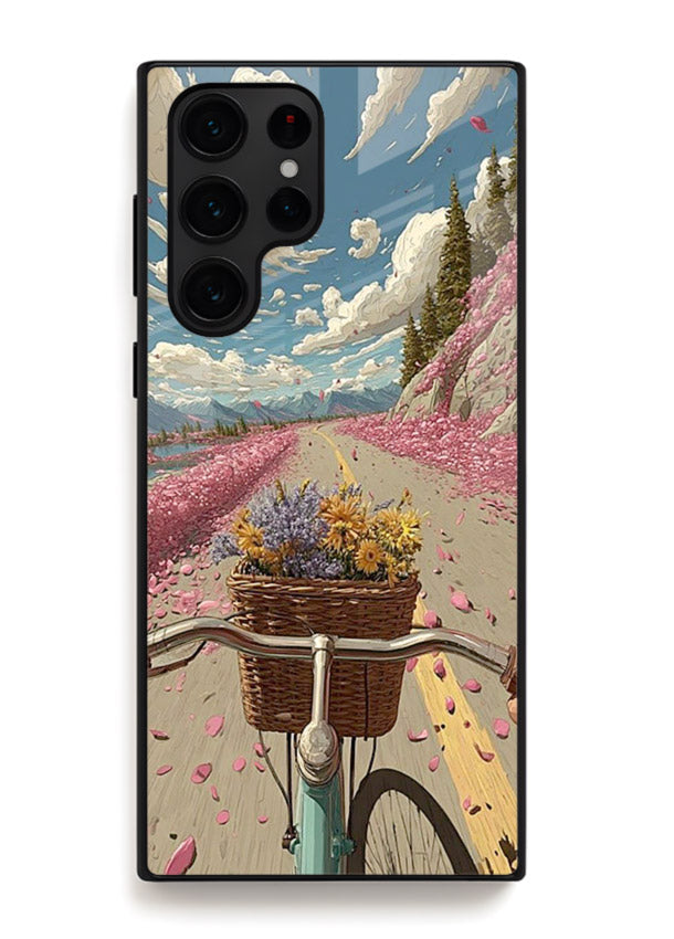 Bicycle with blossom-filled basket artwork on Samsung S22 Ultra glass back cover with soft scenic floral detailing.