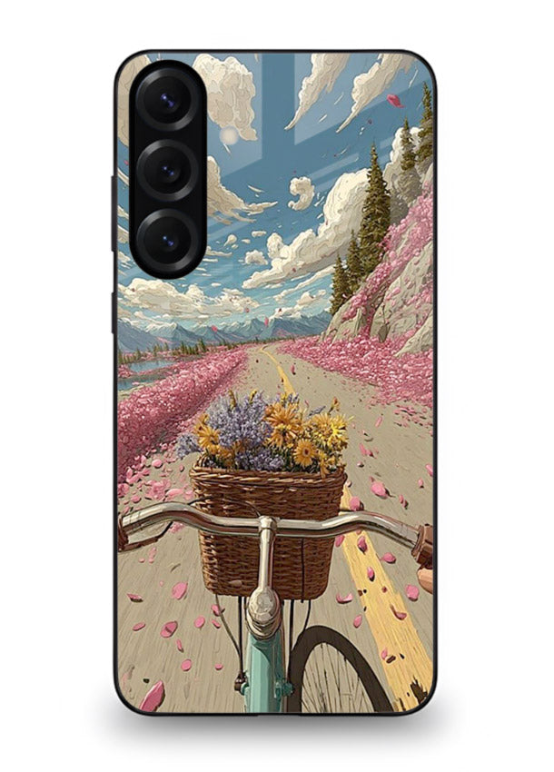 Bicycle with blossom-filled basket artwork on Samsung A16 5G glass back cover with soft scenic floral detailing.