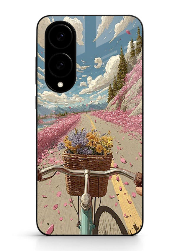Bicycle with blossom-filled basket artwork on Samsung S25 Edge glass back cover with soft scenic floral detailing.