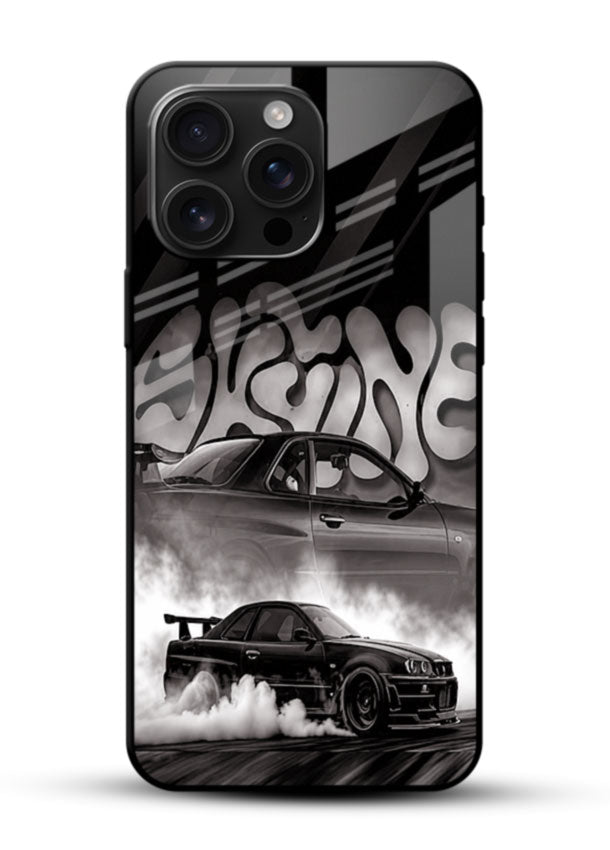 Black Drift Car glass back cover with monochrome drifting car design - 1