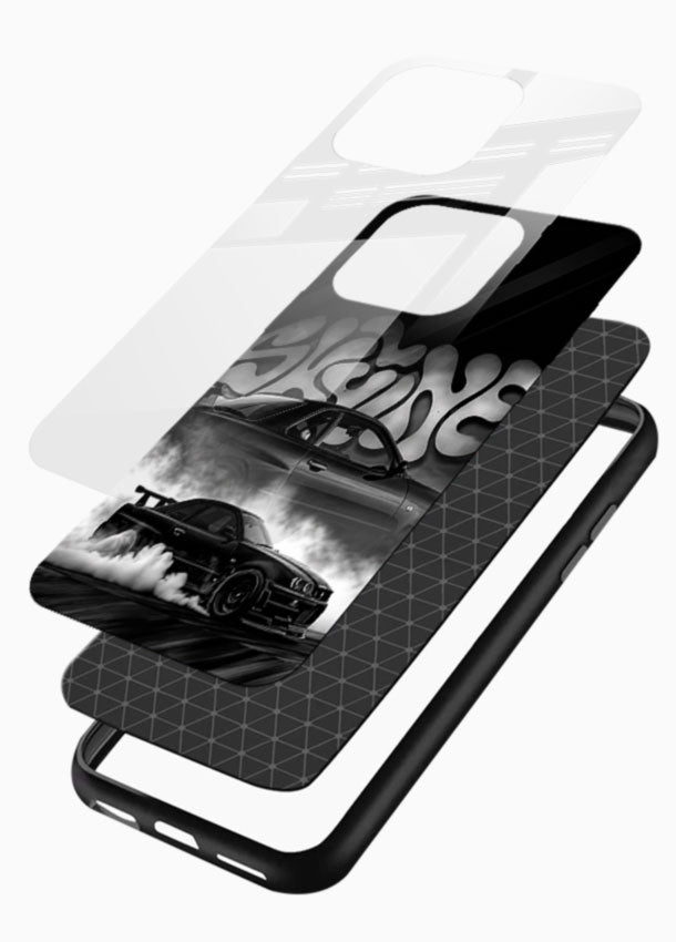 Black Drift Car glass back cover with monochrome drifting car design - 3