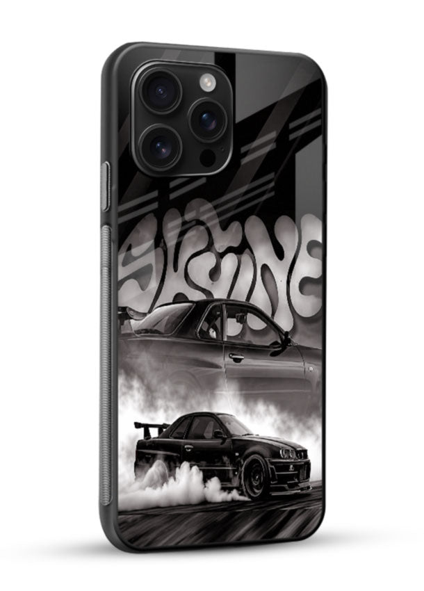 Black Drift Car glass back cover with monochrome drifting car design - 2