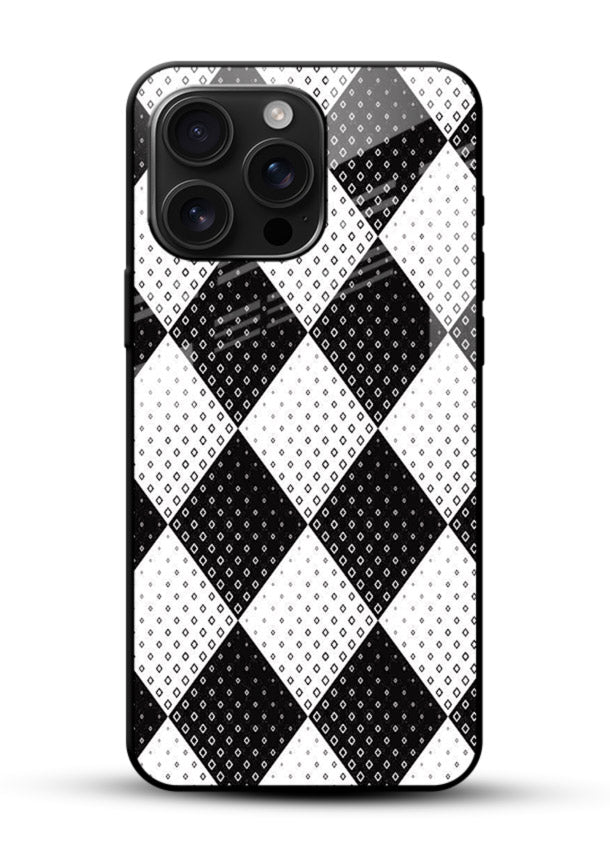 Black White Check checkered pattern glossy vibrant premium glass back cover - Angle Front